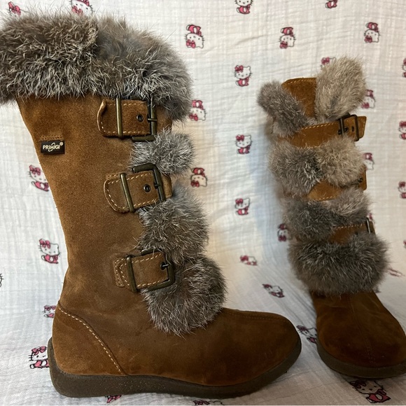 PRIMIGI SUEDE FAUX FUR KNEE-HIGH BUCKLE BOOTS BROWN GRAY BOOTIES GIRL 31 13 12.5 - Picture 2 of 15